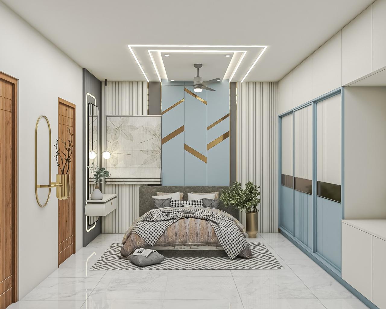 Bedroom — Blue & Gold Accent Wall