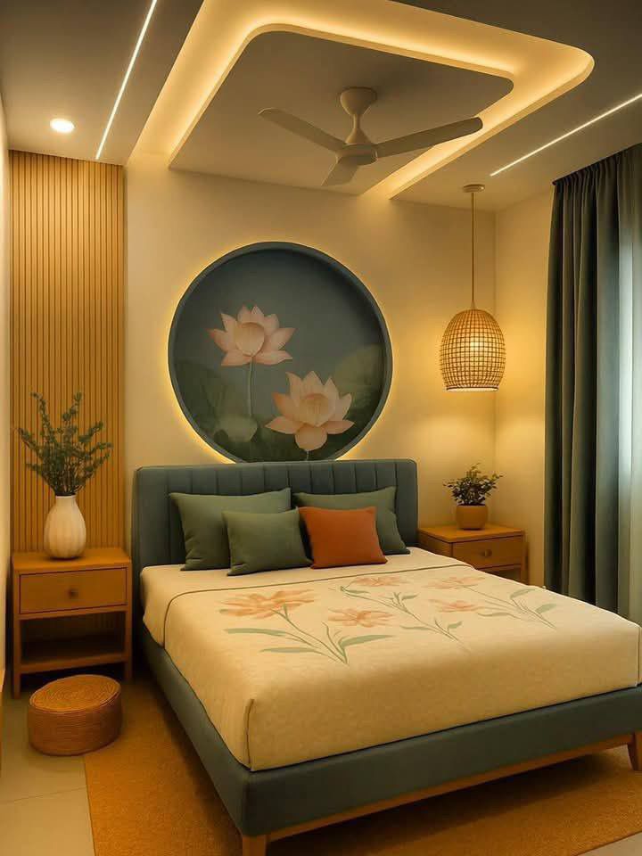 Bedroom — Lotus Mural & Warm Wood Accents