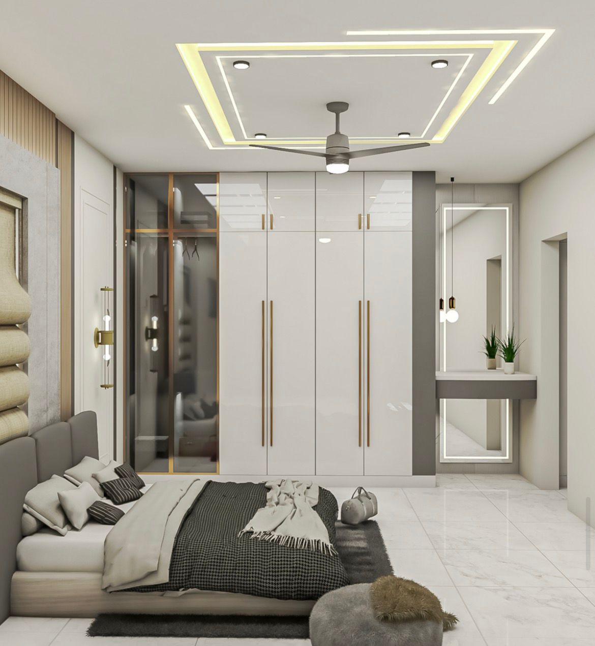 Bedroom — Framed Ceiling & Full-Height Wardrobe