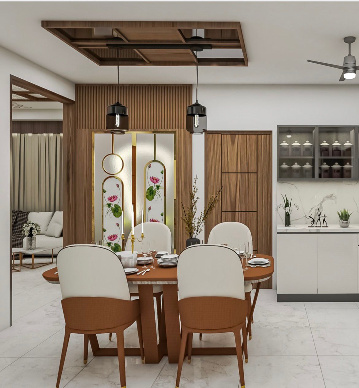 Dining — Wooden Partition & Pendant Lights