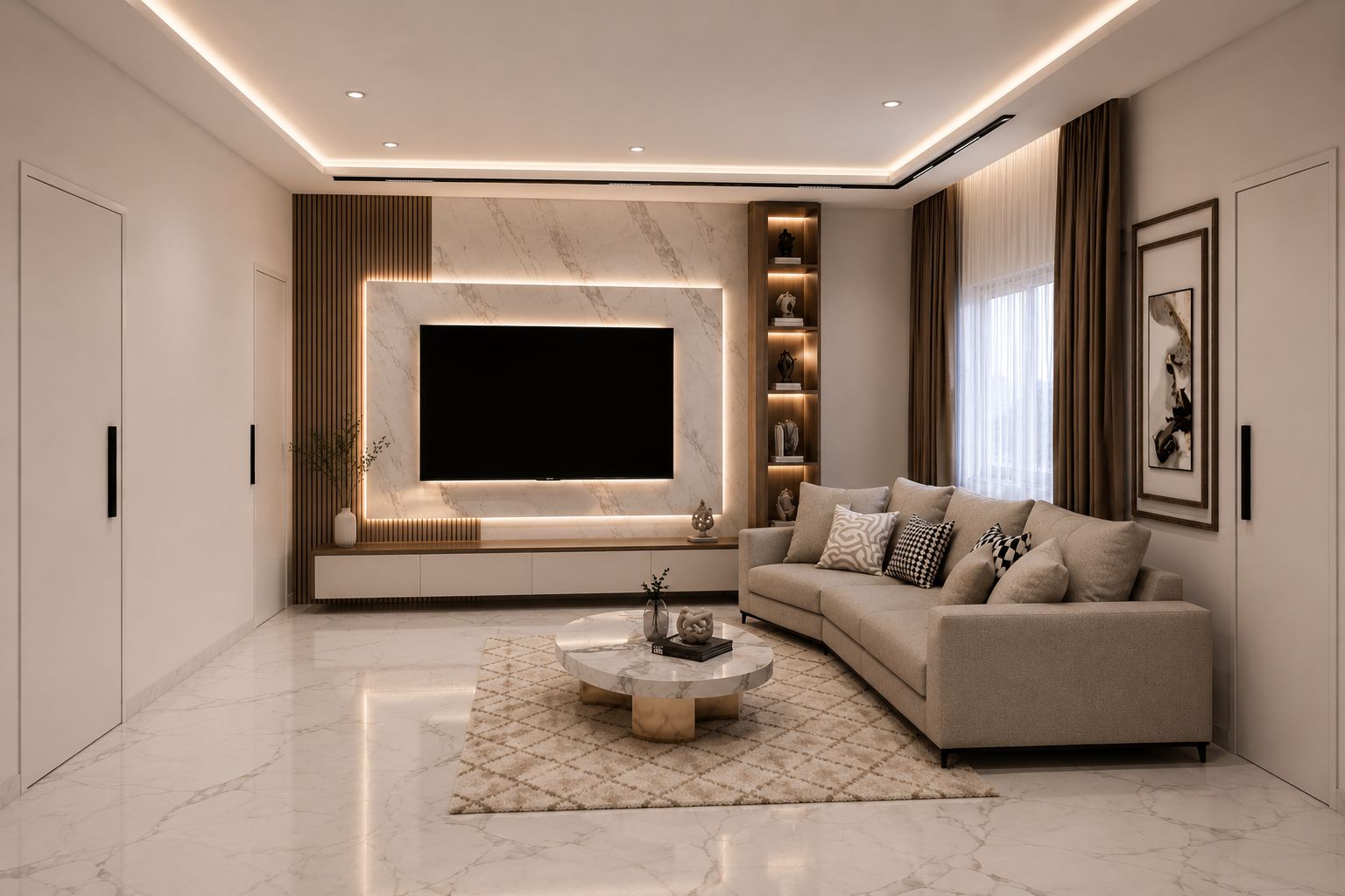 Living room — marble TV wall and sofa