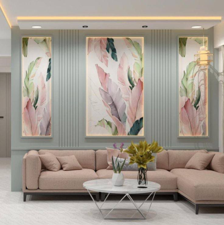 Living Room — Blush Sofa & Botanical Panels