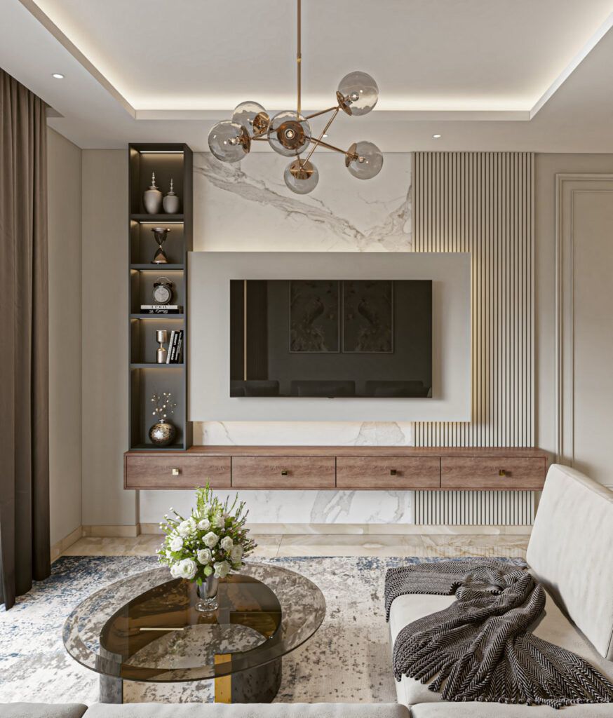 Living Room — Marble TV Wall & Chandelier